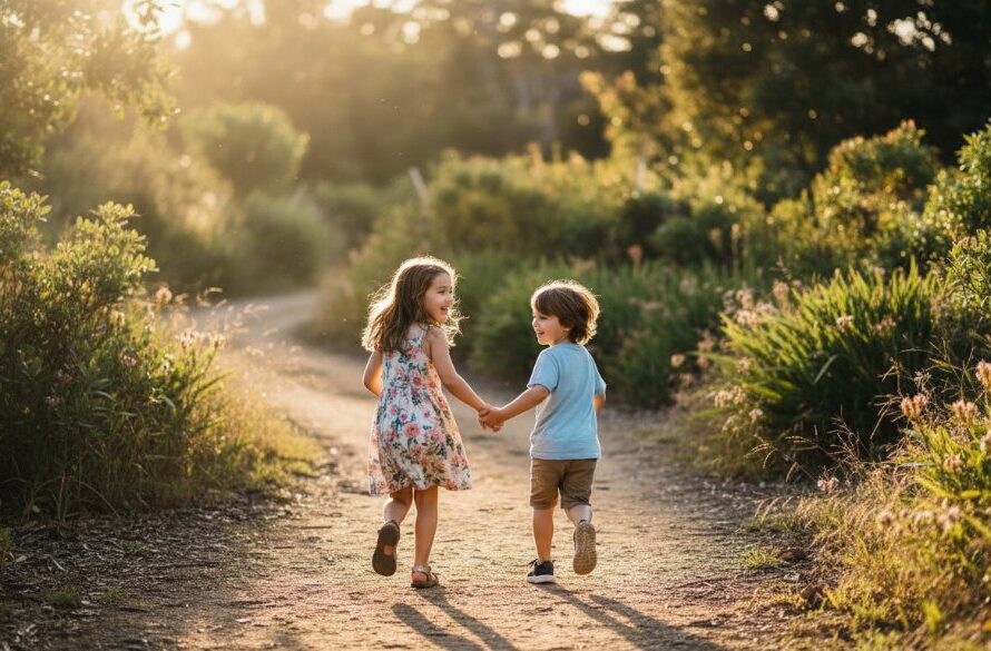 An authentic kids photography Mount Helen playful moments scene, featuring a child joyfully running through dappled sunlight in the lush bushland of Mount Helen, with a warm, golden hour glow and cinematic composition.