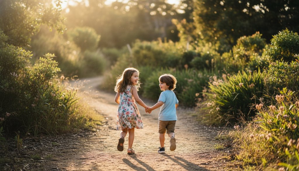 An authentic kids photography Mount Helen playful moments scene, featuring a child joyfully running through dappled sunlight in the lush bushland of Mount Helen, with a warm, golden hour glow and cinematic composition.