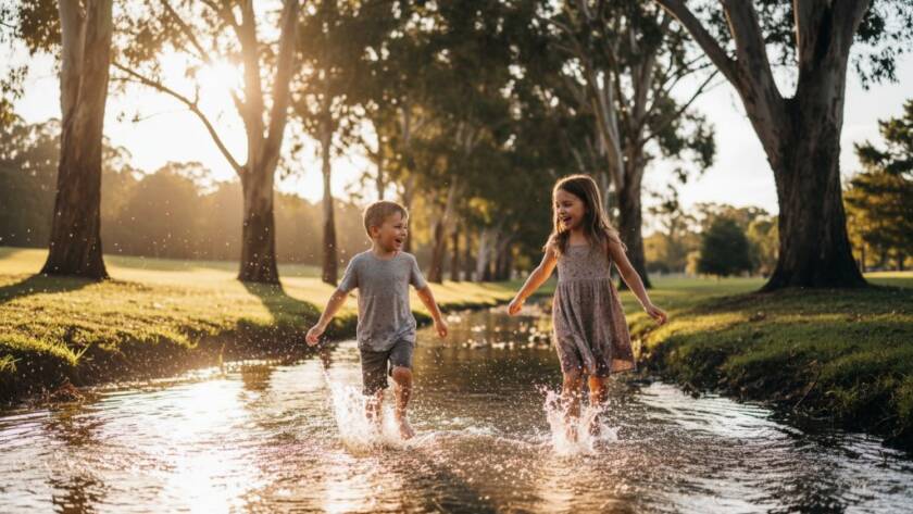 An authentic kids photography moment in Narre Warren South, Victoria, featuring two siblings laughing joyfully while running through golden sunlight in a local park, captured with dramatic lighting and professional color grading.