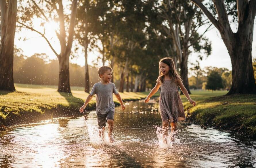 An authentic kids photography moment in Narre Warren South, Victoria, featuring two siblings laughing joyfully while running through golden sunlight in a local park, captured with dramatic lighting and professional color grading.