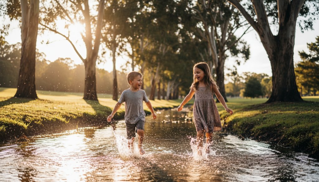 An authentic kids photography moment in Narre Warren South, Victoria, featuring two siblings laughing joyfully while running through golden sunlight in a local park, captured with dramatic lighting and professional color grading.