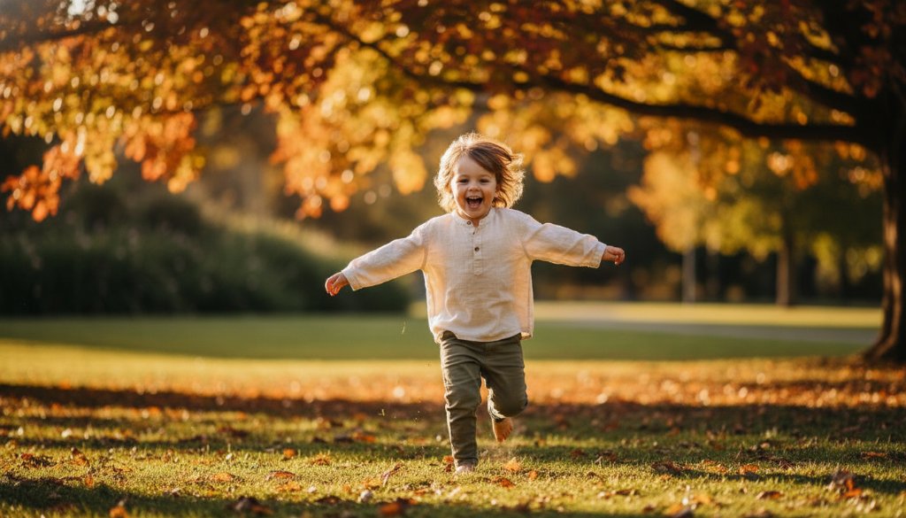 An authentic kids photography Noble Park North Victoria epic moment: a young child, full of joy and caught mid-laugh, running through dappled sunlight in a local Noble Park North park, autumn leaves swirling around them, with a vibrant, natural background, professionally lit and color-graded.