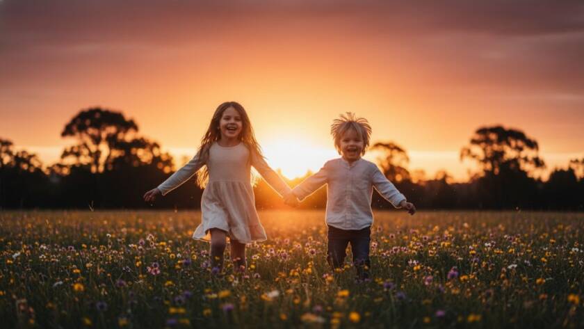An epic moment of authentic kids photography in Ringwood East Victoria, featuring two joyful children laughing and playing amidst the golden hour light in a natural park setting, professionally captured with vibrant colours and a sense of wonder.