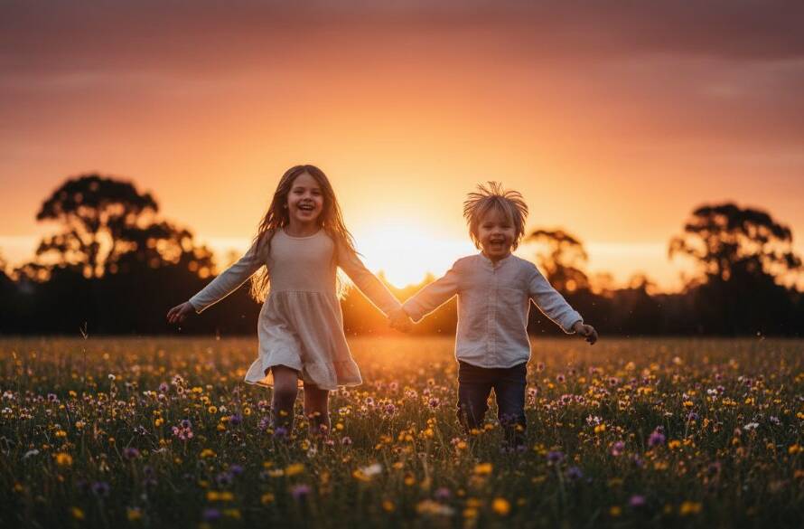 An epic moment of authentic kids photography in Ringwood East Victoria, featuring two joyful children laughing and playing amidst the golden hour light in a natural park setting, professionally captured with vibrant colours and a sense of wonder.