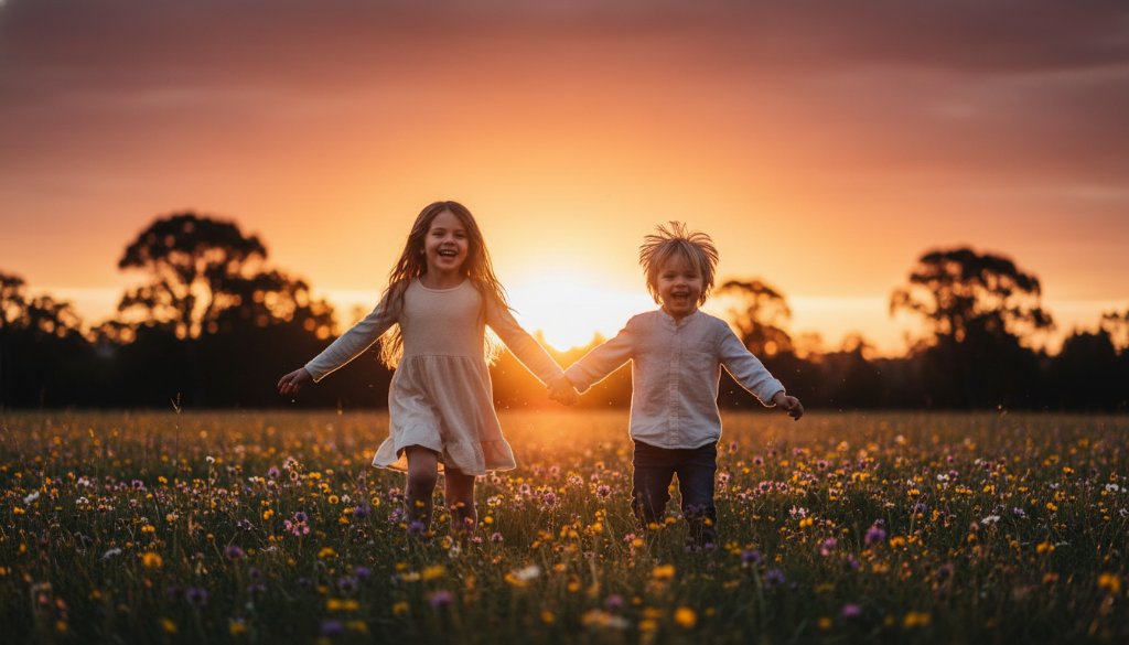 An epic moment of authentic kids photography in Ringwood East Victoria, featuring two joyful children laughing and playing amidst the golden hour light in a natural park setting, professionally captured with vibrant colours and a sense of wonder.