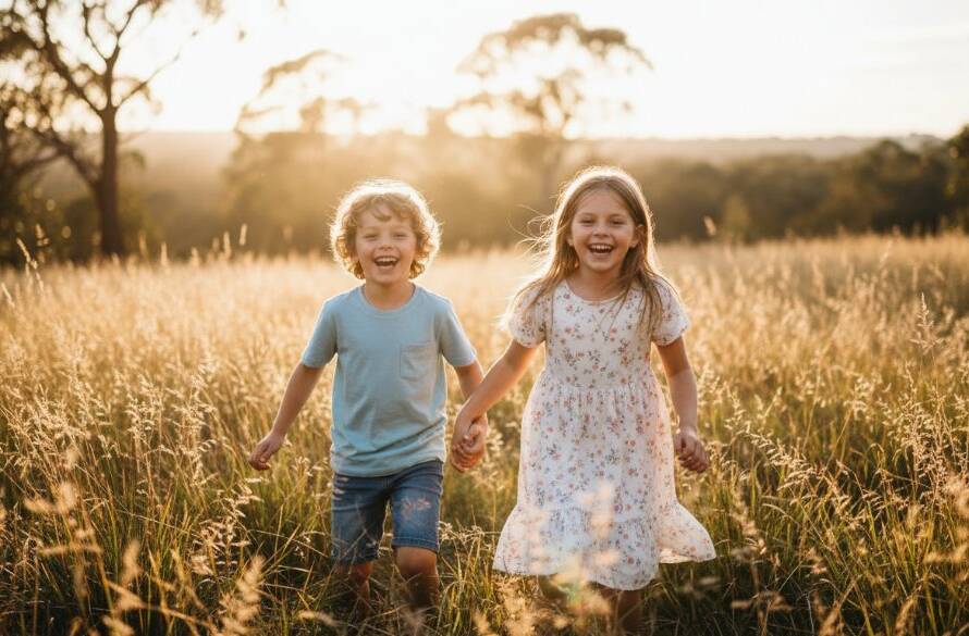 An epic moment captured in authentic kids photography Ringwood North outdoor adventures: two children laughing joyfully as they run through a sun-dappled grassy field at Ringwood North's Warranwood Reserve, golden hour light backlighting their hair, a sense of freedom and pure happiness.