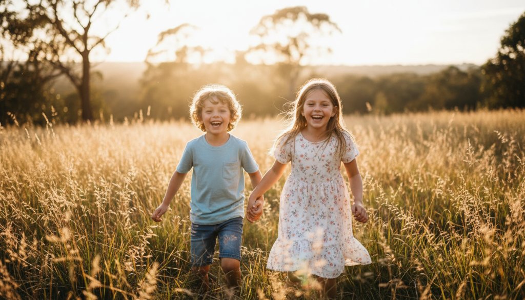 An epic moment captured in authentic kids photography Ringwood North outdoor adventures: two children laughing joyfully as they run through a sun-dappled grassy field at Ringwood North's Warranwood Reserve, golden hour light backlighting their hair, a sense of freedom and pure happiness.