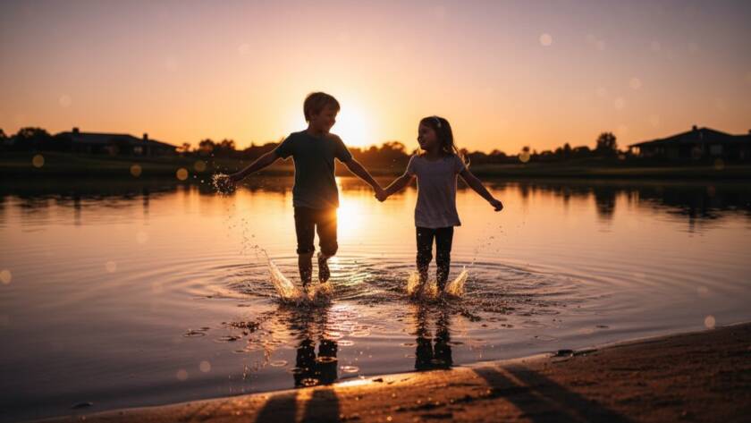 An epic moment of authentic kids photography Sandhurst Victoria, featuring two young siblings laughing joyfully while playing in golden afternoon light near the Sandhurst Club golf course, captured from a low angle with professional bokeh and warm, cinematic colour grading.