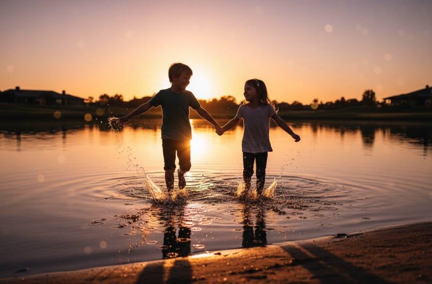 An epic moment of authentic kids photography Sandhurst Victoria, featuring two young siblings laughing joyfully while playing in golden afternoon light near the Sandhurst Club golf course, captured from a low angle with professional bokeh and warm, cinematic colour grading.