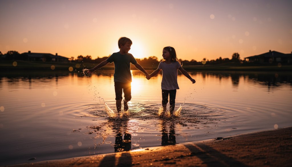 An epic moment of authentic kids photography Sandhurst Victoria, featuring two young siblings laughing joyfully while playing in golden afternoon light near the Sandhurst Club golf course, captured from a low angle with professional bokeh and warm, cinematic colour grading.