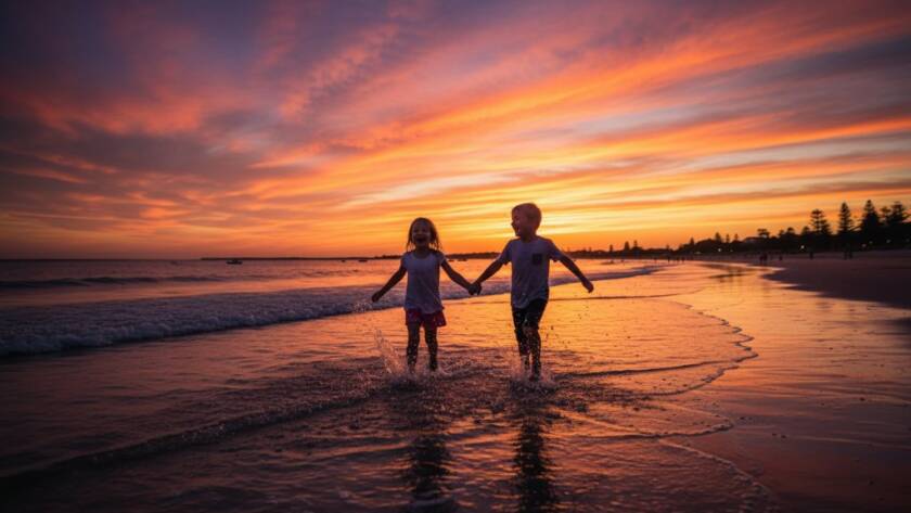 An authentic kids photography moment on Sandringham Beach, with two joyous children running through shallow waves at sunset, their laughter echoing against the vibrant orange sky, captured in a dramatic, professional style.