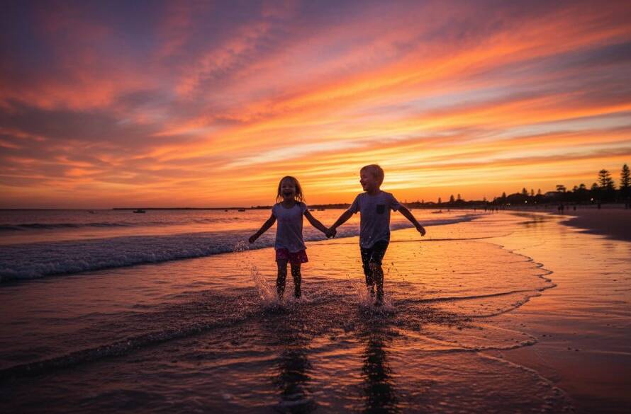 An authentic kids photography moment on Sandringham Beach, with two joyous children running through shallow waves at sunset, their laughter echoing against the vibrant orange sky, captured in a dramatic, professional style.