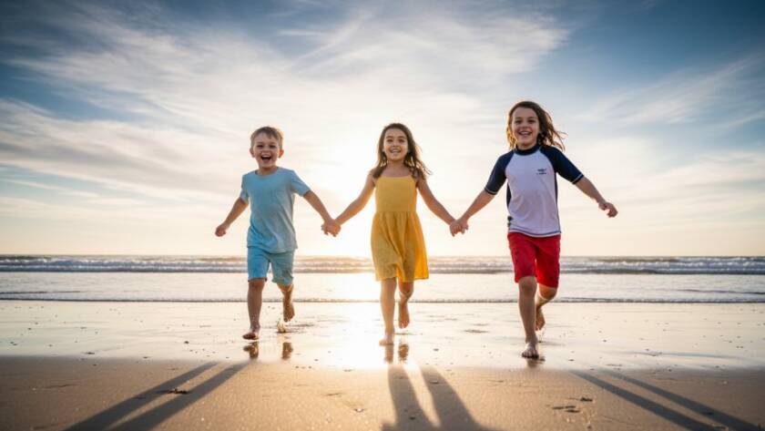 A heartwarming, epic moment photograph of three joyful children running along the sandy shores of Newport Beach, Victoria, during an authentic kids photography session. The late afternoon sun casts a golden glow, highlighting their carefree laughter and the sparkling water. Professional photography with dramatic lighting and vibrant colour grading.