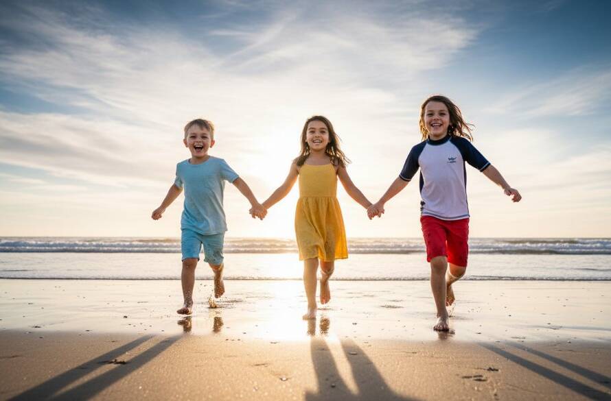 A heartwarming, epic moment photograph of three joyful children running along the sandy shores of Newport Beach, Victoria, during an authentic kids photography session. The late afternoon sun casts a golden glow, highlighting their carefree laughter and the sparkling water. Professional photography with dramatic lighting and vibrant colour grading.