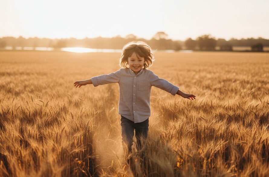 An authentic kids photography Seymour Victoria moment, featuring a child running joyfully through a sun-drenched field near the Goulburn River, golden hour light highlighting their carefree expression and flowing hair, creating a cinematic, epic moment.