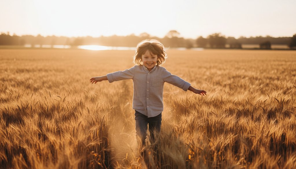 An authentic kids photography Seymour Victoria moment, featuring a child running joyfully through a sun-drenched field near the Goulburn River, golden hour light highlighting their carefree expression and flowing hair, creating a cinematic, epic moment.
