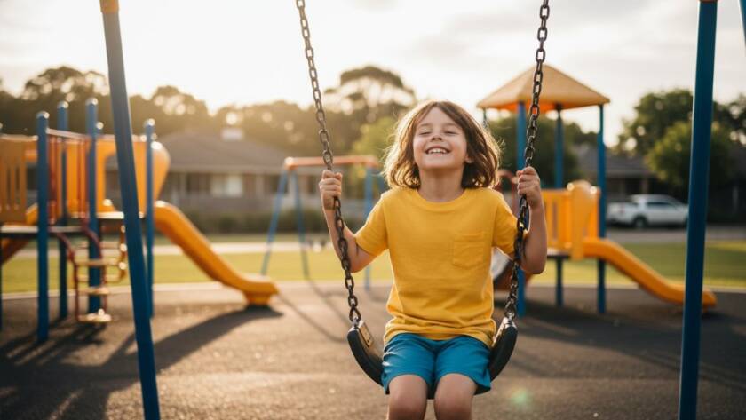 Authentic kids photography Sunshine North playground fun, capturing a joyful child mid-air on a swing at sunset, with dramatic rim lighting and blurred park background, emanating pure happiness.