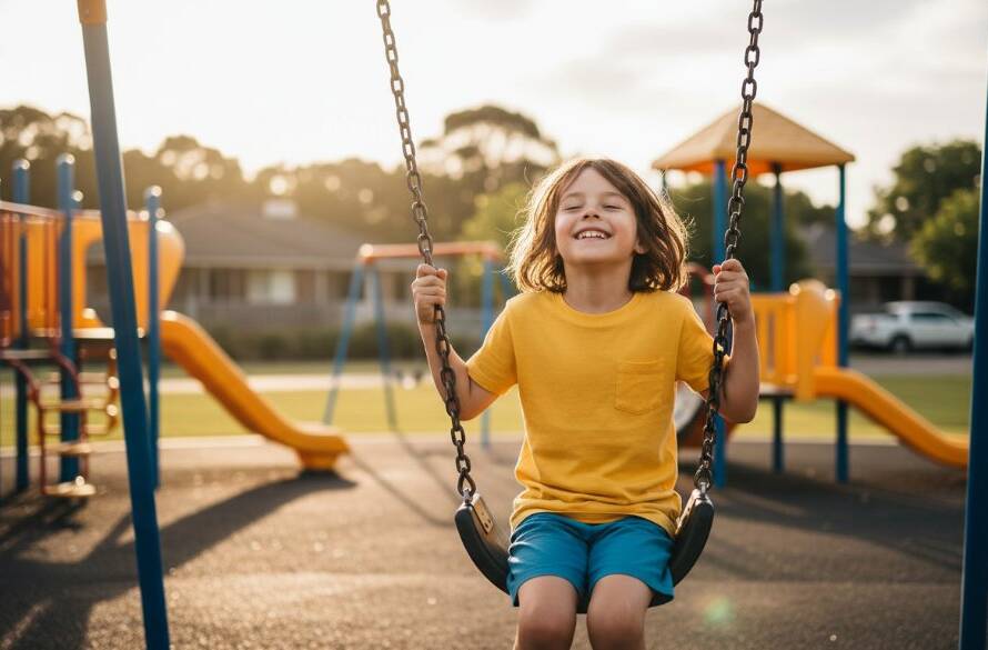 Authentic kids photography Sunshine North playground fun, capturing a joyful child mid-air on a swing at sunset, with dramatic rim lighting and blurred park background, emanating pure happiness.