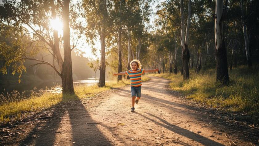 An epic moment of genuine laughter and joy during authentic kids photography Warrandyte family moments, featuring a child running through sun-dappled eucalyptus trees by the Yarra River at sunset, captured with professional lighting and color grading.