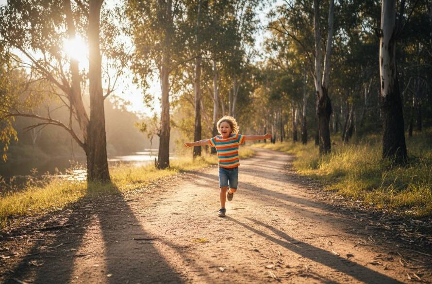 An epic moment of genuine laughter and joy during authentic kids photography Warrandyte family moments, featuring a child running through sun-dappled eucalyptus trees by the Yarra River at sunset, captured with professional lighting and color grading.
