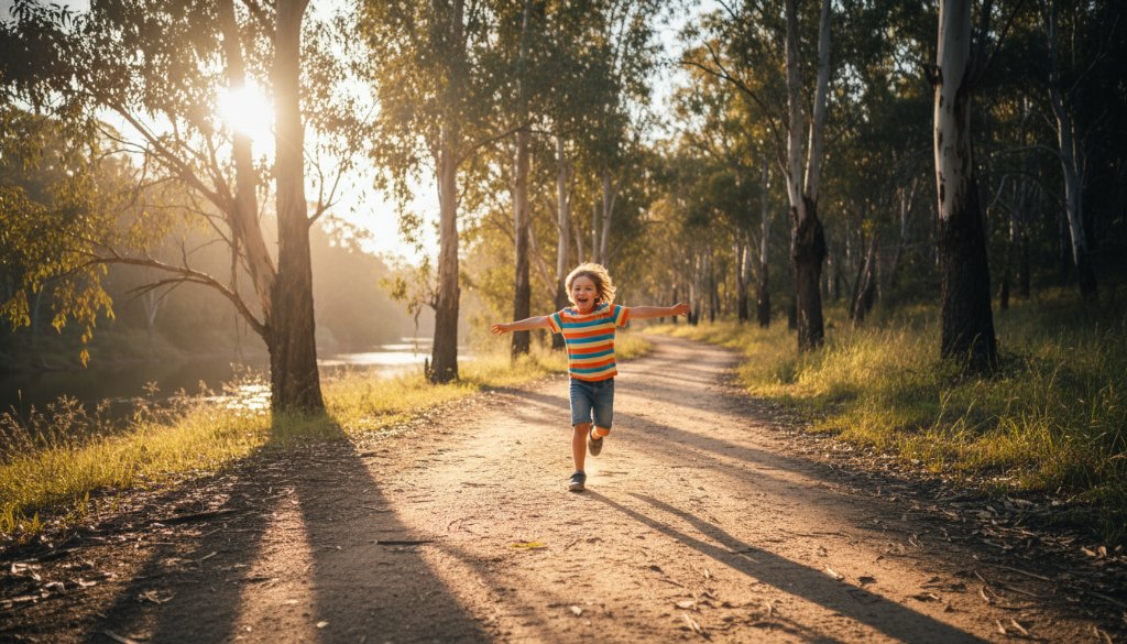An epic moment of genuine laughter and joy during authentic kids photography Warrandyte family moments, featuring a child running through sun-dappled eucalyptus trees by the Yarra River at sunset, captured with professional lighting and color grading.