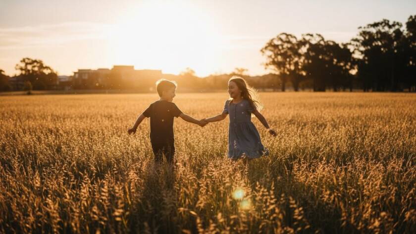A wide, cinematic shot capturing two joyful children mid-laugh, running freely through golden tall grass at sunset near Skeleton Creek in Williams Landing, Victoria, embodying authentic kids photography. The dramatic backlighting highlights their playful expressions and movement, creating an epic moment of uninhibited childhood joy, professionally colour graded.