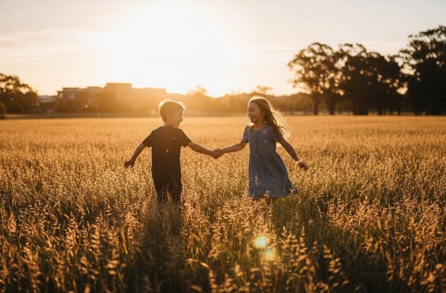 A wide, cinematic shot capturing two joyful children mid-laugh, running freely through golden tall grass at sunset near Skeleton Creek in Williams Landing, Victoria, embodying authentic kids photography. The dramatic backlighting highlights their playful expressions and movement, creating an epic moment of uninhibited childhood joy, professionally colour graded.