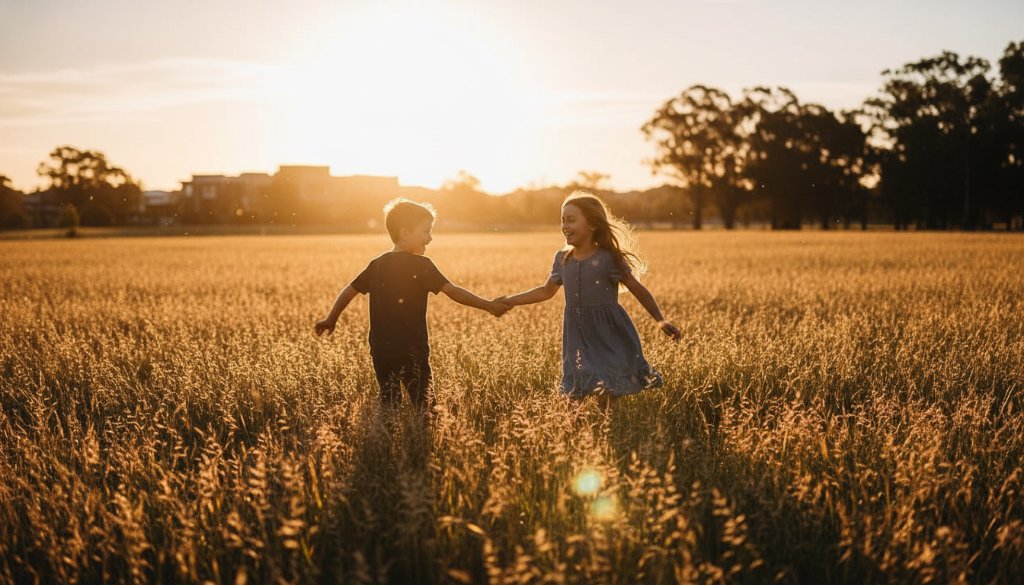 A wide, cinematic shot capturing two joyful children mid-laugh, running freely through golden tall grass at sunset near Skeleton Creek in Williams Landing, Victoria, embodying authentic kids photography. The dramatic backlighting highlights their playful expressions and movement, creating an epic moment of uninhibited childhood joy, professionally colour graded.