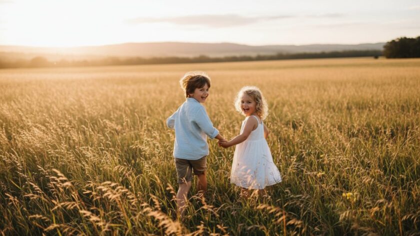 An epic, joy-filled moment captured during an authentic kids photography Woodend family moments session, showing two children laughing as they run through a sun-drenched field in Woodend, Victoria, with a golden hour glow highlighting their playful expressions.