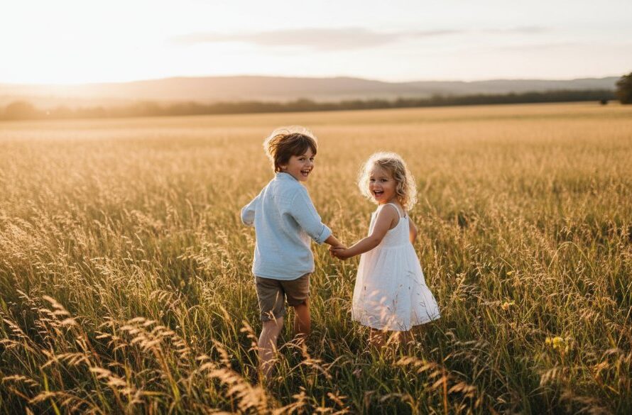 An epic, joy-filled moment captured during an authentic kids photography Woodend family moments session, showing two children laughing as they run through a sun-drenched field in Woodend, Victoria, with a golden hour glow highlighting their playful expressions.
