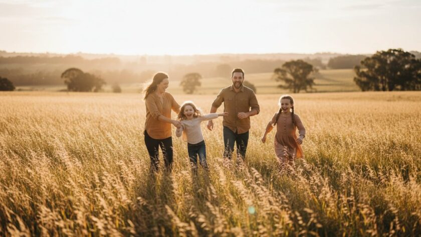 An emotional, cinematic photograph capturing authentic Kilmore family candid photography moments, showing a family laughing joyfully in a sun-drenched field near Kilmore, Victoria, with the parent swinging a child into the air at sunset, professional color grading.