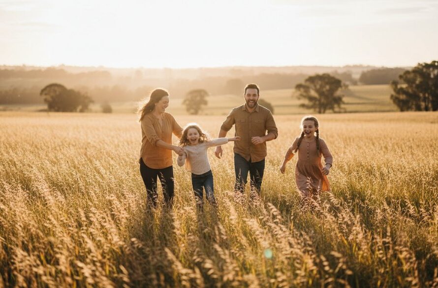 An emotional, cinematic photograph capturing authentic Kilmore family candid photography moments, showing a family laughing joyfully in a sun-drenched field near Kilmore, Victoria, with the parent swinging a child into the air at sunset, professional color grading.
