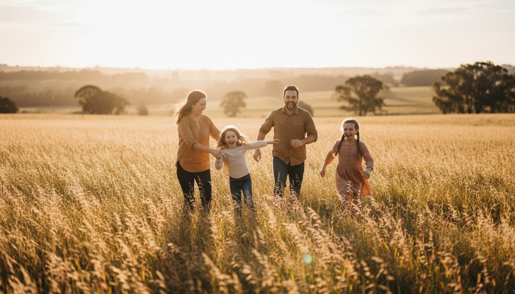 An emotional, cinematic photograph capturing authentic Kilmore family candid photography moments, showing a family laughing joyfully in a sun-drenched field near Kilmore, Victoria, with the parent swinging a child into the air at sunset, professional color grading.