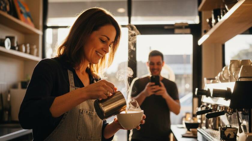 Dynamic shot of a Kingsville cafe owner passionately pouring coffee for a customer, embodying authentic Kingsville brand storytelling photography, with warm, inviting light and a sense of community.