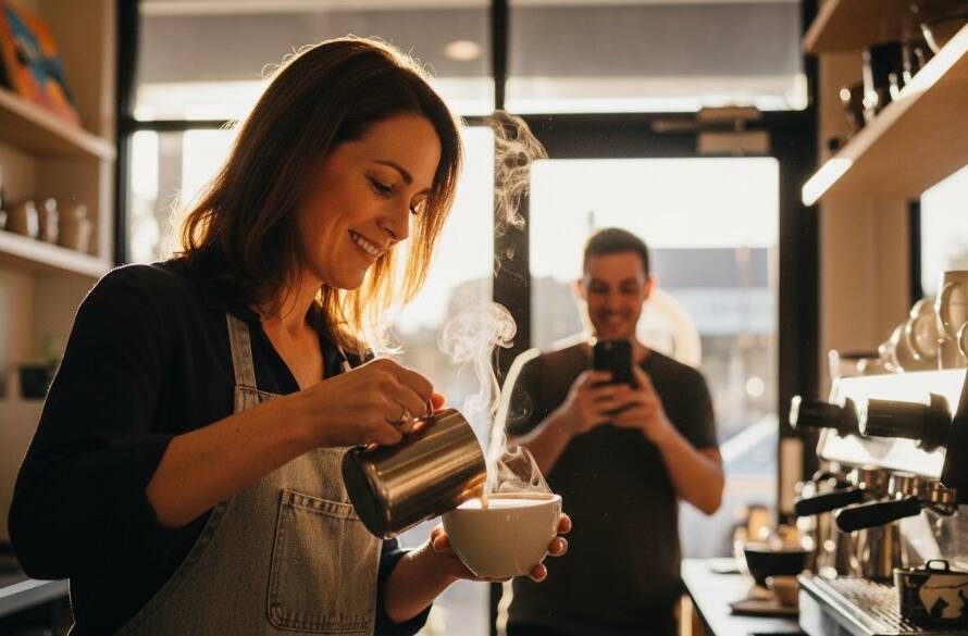 Dynamic shot of a Kingsville cafe owner passionately pouring coffee for a customer, embodying authentic Kingsville brand storytelling photography, with warm, inviting light and a sense of community.