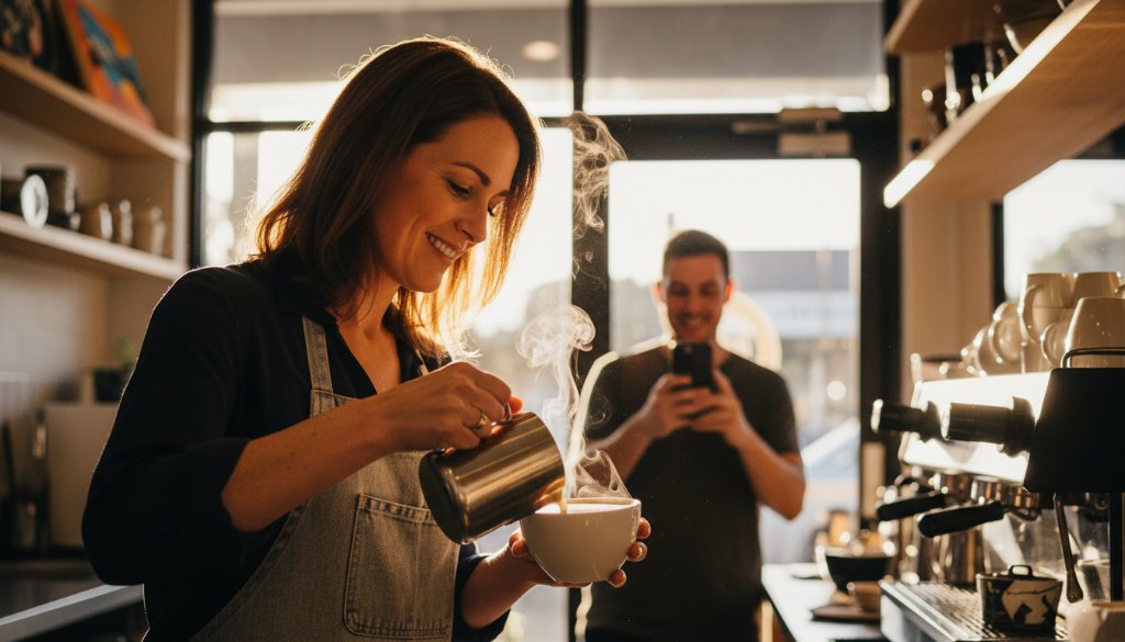 Dynamic shot of a Kingsville cafe owner passionately pouring coffee for a customer, embodying authentic Kingsville brand storytelling photography, with warm, inviting light and a sense of community.