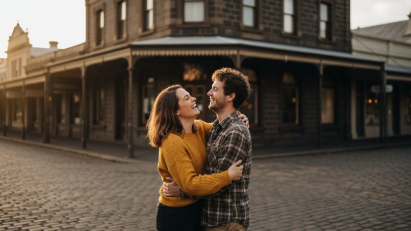 A joyful candid moment of a family laughing genuinely amidst the historic streetscape of Kyneton, capturing authentic Kyneton candid photography for heartfelt moments with dramatic, golden hour lighting.