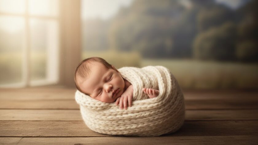 Authentic Kyneton newborn photography preserving precious memories, featuring a tender close-up of a sleeping newborn swaddled in soft wool, bathed in golden morning light filtering through an old Kyneton cottage window, with parents' hands gently cradling.