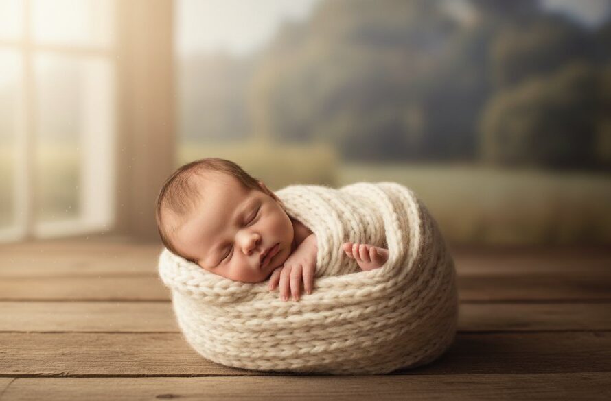 Authentic Kyneton newborn photography preserving precious memories, featuring a tender close-up of a sleeping newborn swaddled in soft wool, bathed in golden morning light filtering through an old Kyneton cottage window, with parents' hands gently cradling.