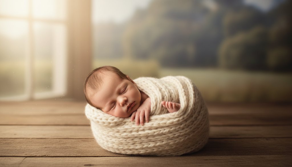 Authentic Kyneton newborn photography preserving precious memories, featuring a tender close-up of a sleeping newborn swaddled in soft wool, bathed in golden morning light filtering through an old Kyneton cottage window, with parents' hands gently cradling.