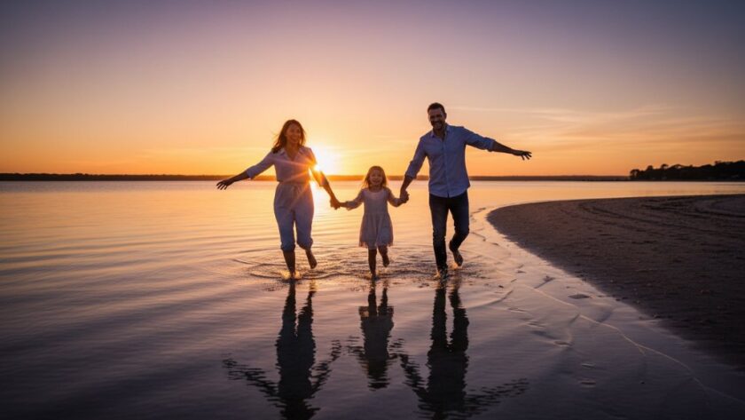 A heartwarming, epic candid shot of a family laughing joyfully by the shimmering waters of Lakes Entrance at sunset, beautifully illustrating authentic Lakes Entrance candid family photography storytelling.