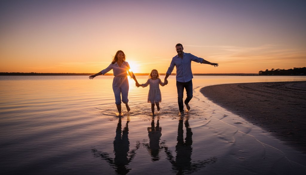 A heartwarming, epic candid shot of a family laughing joyfully by the shimmering waters of Lakes Entrance at sunset, beautifully illustrating authentic Lakes Entrance candid family photography storytelling.