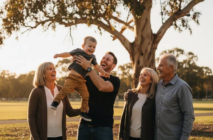 A heartwarming, candid photograph capturing authentic Laverton family moments, showing parents laughing with their children during a spontaneous outdoor play session at Price Reserve in Laverton, bathed in golden hour light, with an old gum tree in the background.