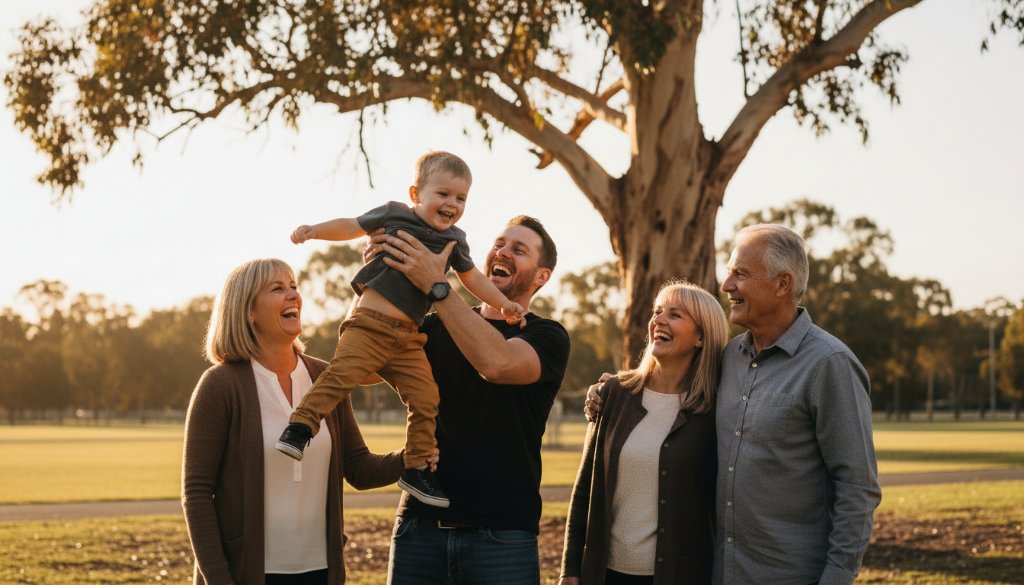 A heartwarming, candid photograph capturing authentic Laverton family moments, showing parents laughing with their children during a spontaneous outdoor play session at Price Reserve in Laverton, bathed in golden hour light, with an old gum tree in the background.