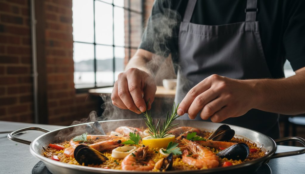 Close-up of a chef's hands delicately drizzling a vibrant sauce over a perfectly plated dish, showcasing authentic local Williamstown North food photography with dramatic backlighting and steam rising, in a bustling Williamstown North restaurant kitchen.