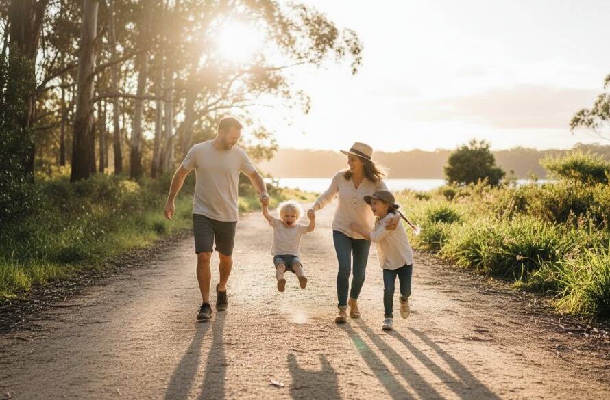 An epic moment of pure joy captured through Authentic Lysterfield Candid Photography for Lifelong Memories, featuring a family laughing genuinely together on a golden lit walking trail near Lysterfield Lake, a child being playfully lifted into the air by their father, with the beautiful natural Australian bushland in the background at sunset, professional color grading enhancing the warm, nostalgic mood.