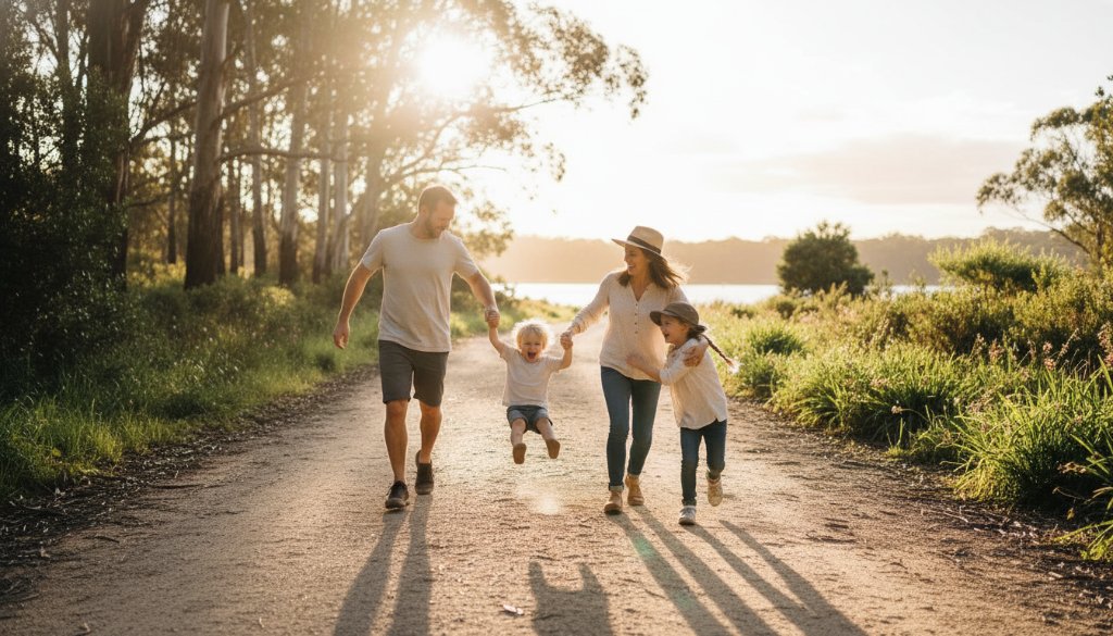 An epic moment of pure joy captured through Authentic Lysterfield Candid Photography for Lifelong Memories, featuring a family laughing genuinely together on a golden lit walking trail near Lysterfield Lake, a child being playfully lifted into the air by their father, with the beautiful natural Australian bushland in the background at sunset, professional color grading enhancing the warm, nostalgic mood.