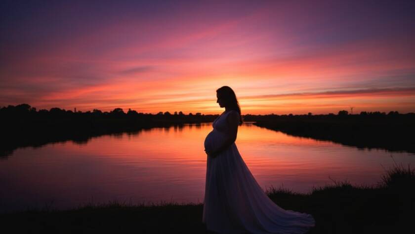 A stunning wide-angle photograph capturing an expectant mother in an Authentic Maidstone Maternity Photoshoot Victoria, standing silhouetted against a dramatic sunset over Maribyrnong River, her baby bump gently highlighted, conveying peace and anticipation.