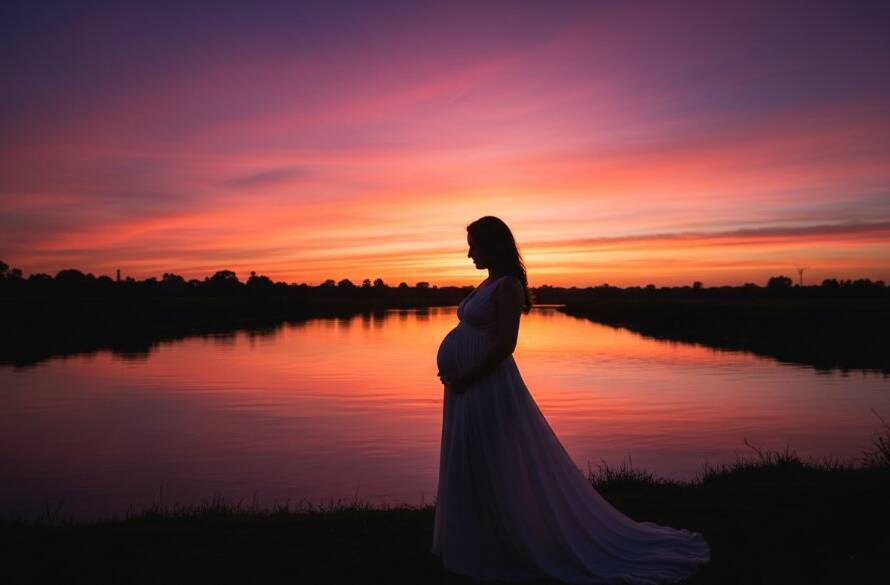 A stunning wide-angle photograph capturing an expectant mother in an Authentic Maidstone Maternity Photoshoot Victoria, standing silhouetted against a dramatic sunset over Maribyrnong River, her baby bump gently highlighted, conveying peace and anticipation.