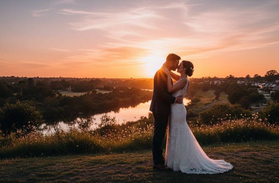 Authentic Maidstone wedding photography capturing joy with a stunning aerial shot of a couple embracing at sunset in a beautiful Maidstone park, dramatic golden hour light, epic moment.